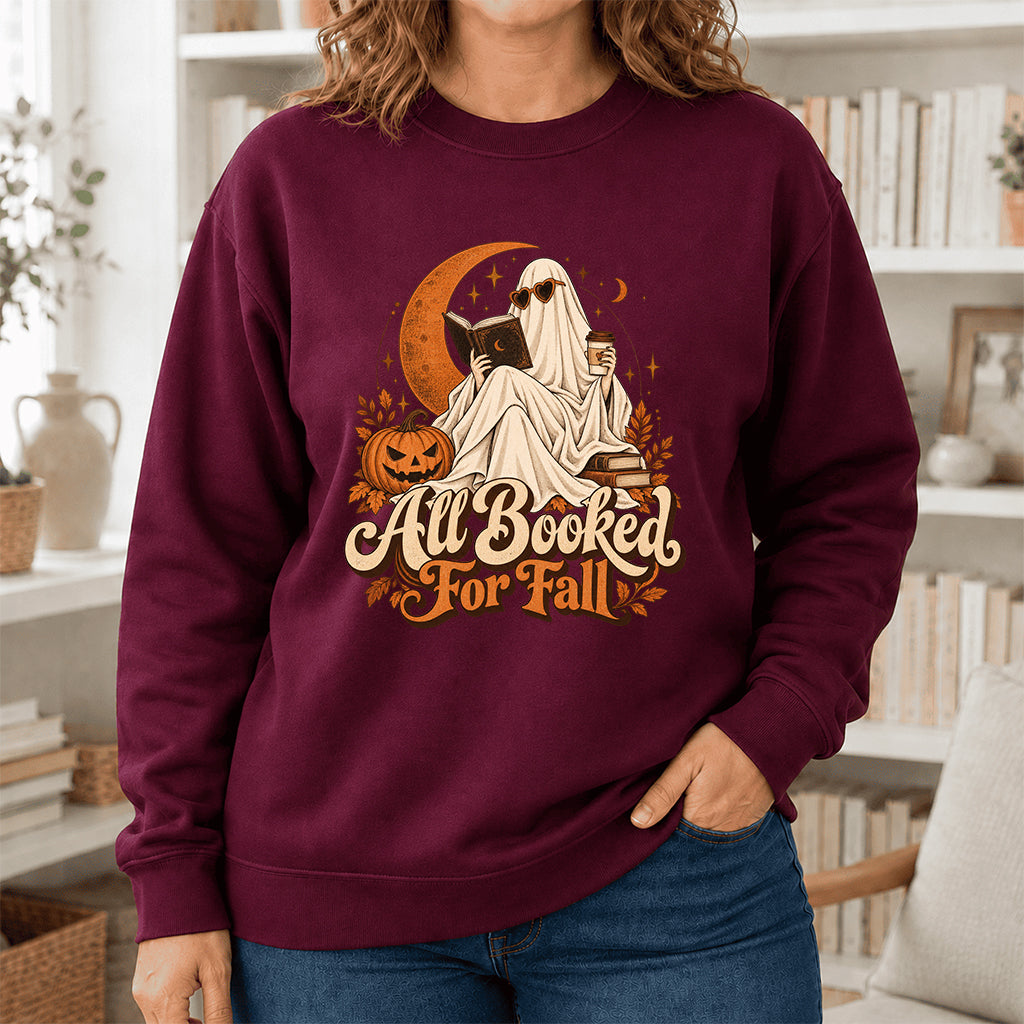 All Booked For Fall Crewneck Sweatshirt | Halloween Reader Gift Maroon
