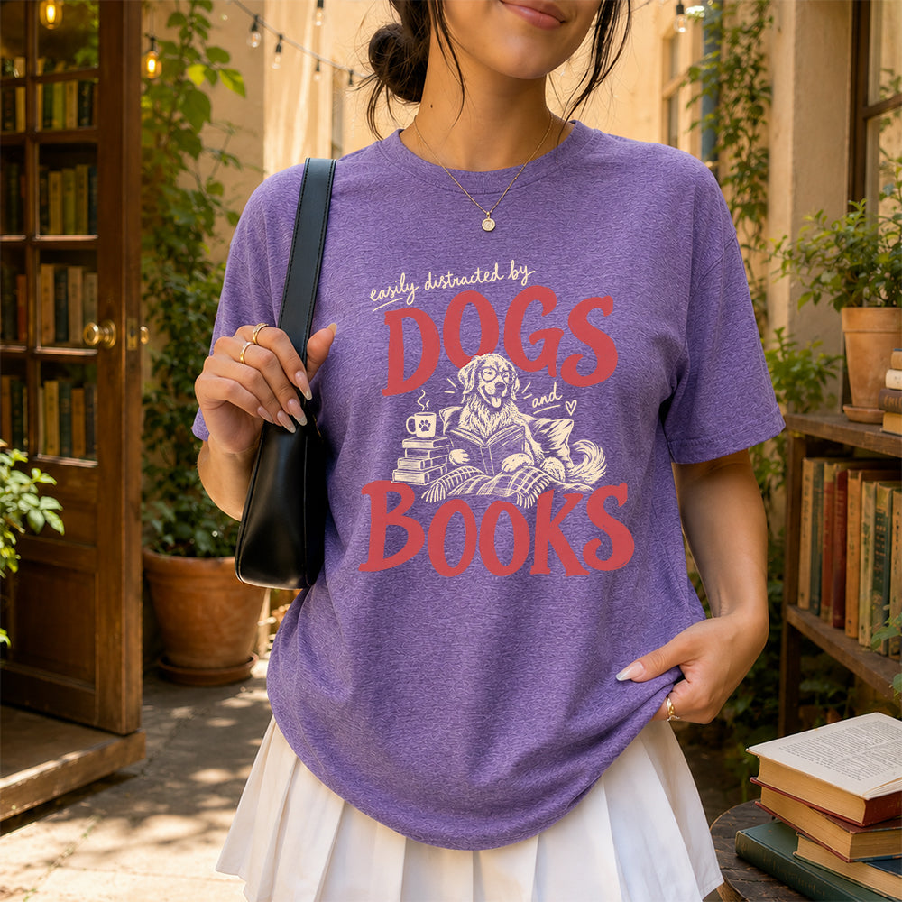 Easily Distracted By Dogs And Books Softstyle T-Shirt | Book Lover Gift Heather Purple