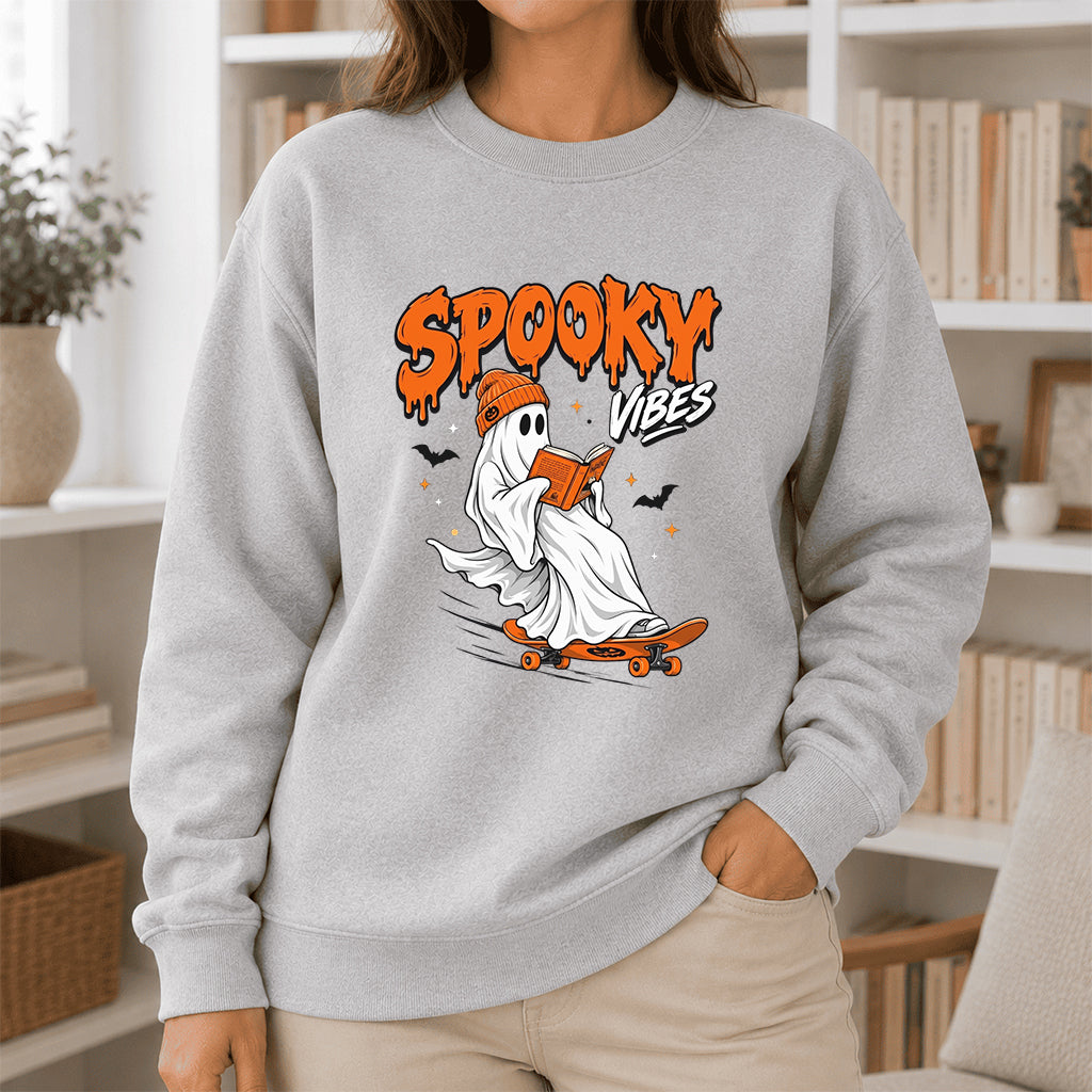 Spooky Vibes Printed Sweatshirt | Halloween Reader Gift Sport Grey