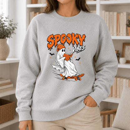 Spooky Vibes Printed Sweatshirt | Halloween Reader Gift Sport Grey