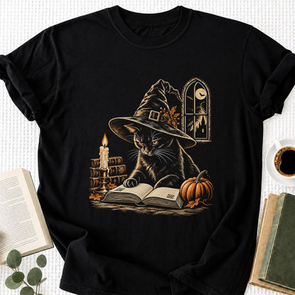 Reading Black Cat Witch Printed T-Shirt | Halloween Book Lover Gift Black