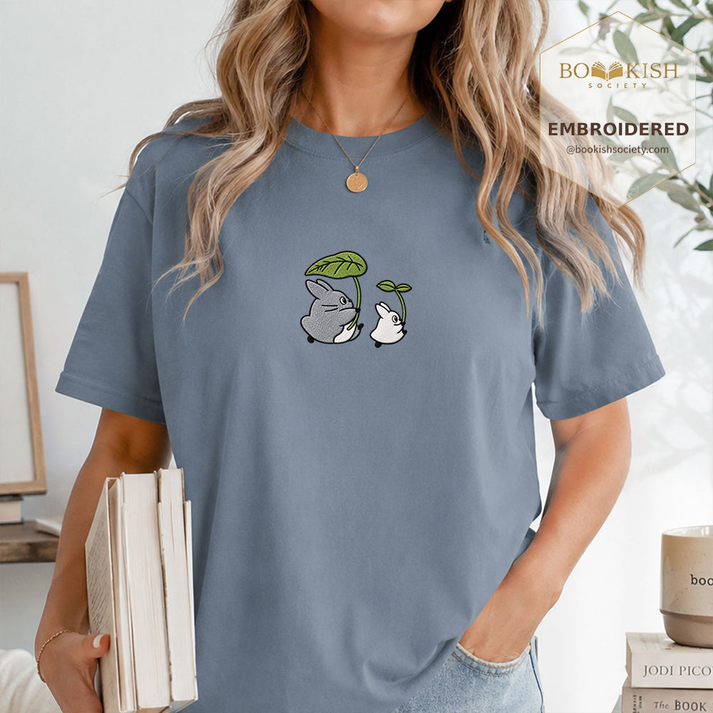 Embroidered Forest Spirits and Flowers Comfort Color® T-shirt Book Lover Gift Blue Jean
