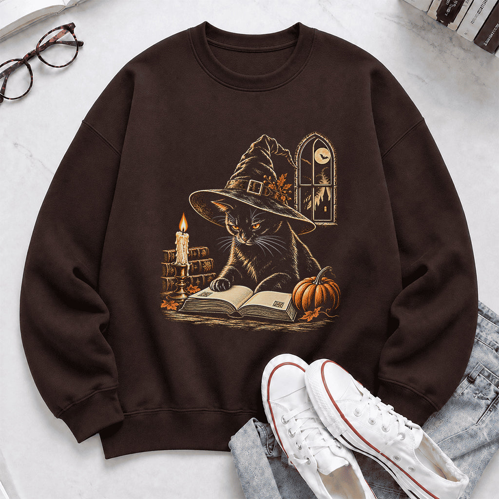 Reading Black Cat Witch Printed Sweatshirt | Halloween Book Lover Gift Dark Chocolate
