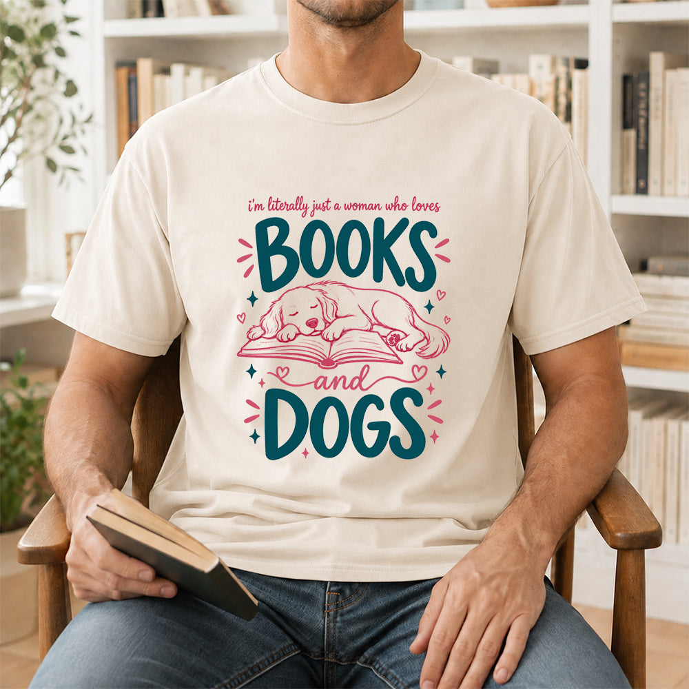 Just A Woman Who Loves Books and Dogs Cotton T-Shirt | Dog Lover & Reader Gift Natural