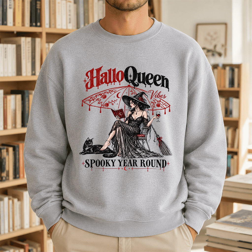 Halloqueen Spooky Year Round Printed Sweatshirt | Spooky Book Lover Gift Sport Grey