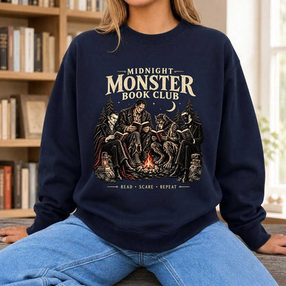 Midnight Monster Book Club Printed Sweatshirt | Halloween Book Lover Gift Navy