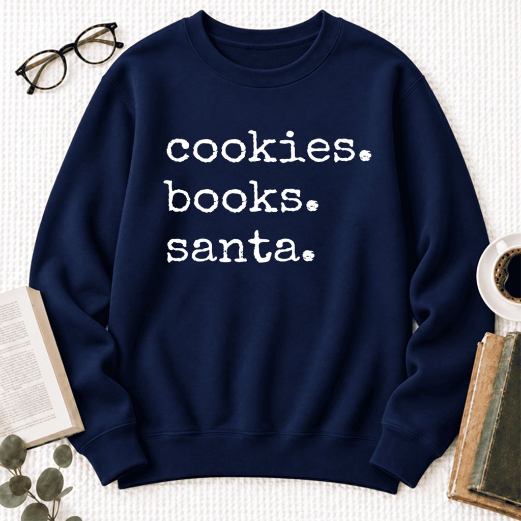 Cookies Books Santa Softstyle Sweatshirt | Christmas Book Lover Gift Navy