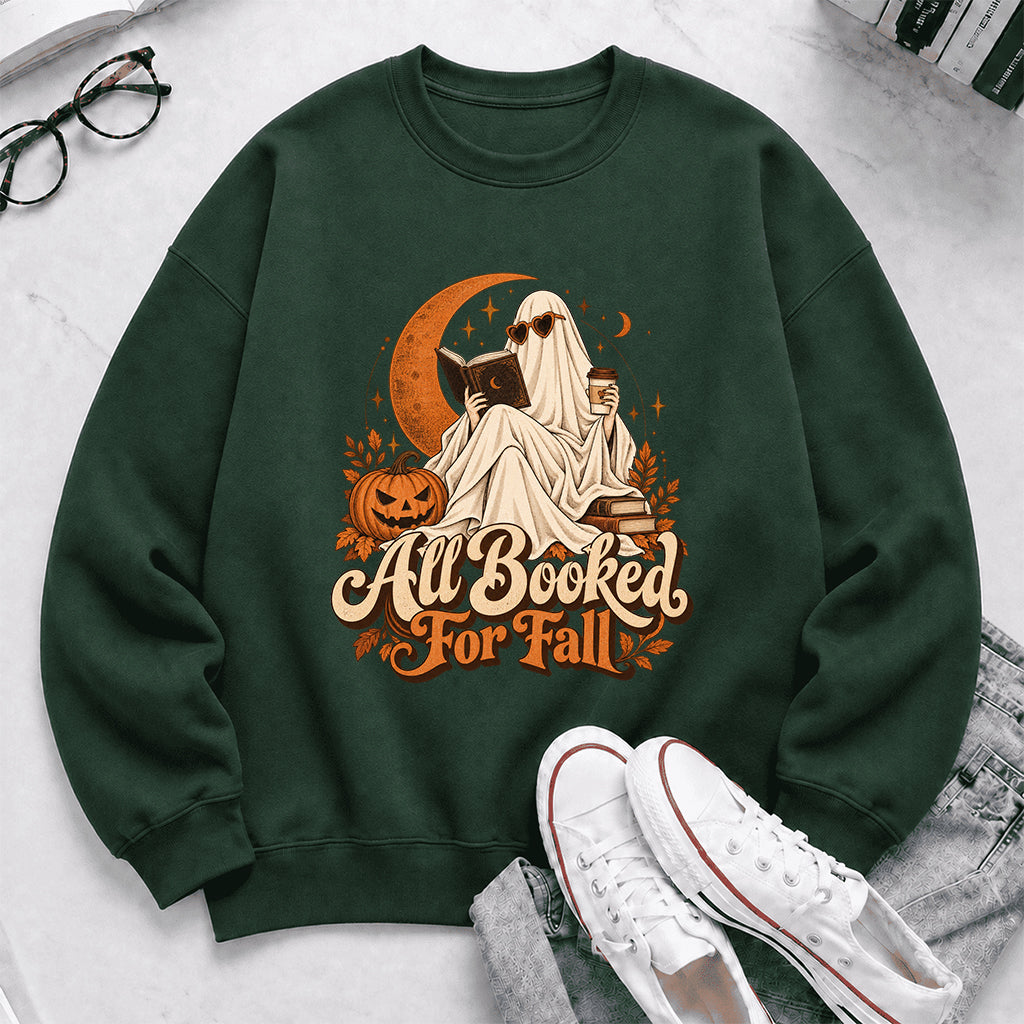 All Booked For Fall Crewneck Sweatshirt | Halloween Reader Gift Forest Green