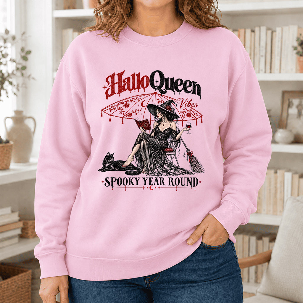 Halloqueen Spooky Year Round Printed Sweatshirt | Spooky Book Lover Gift Light Pink