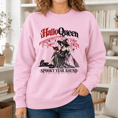 Halloqueen Spooky Year Round Printed Sweatshirt | Spooky Book Lover Gift Light Pink
