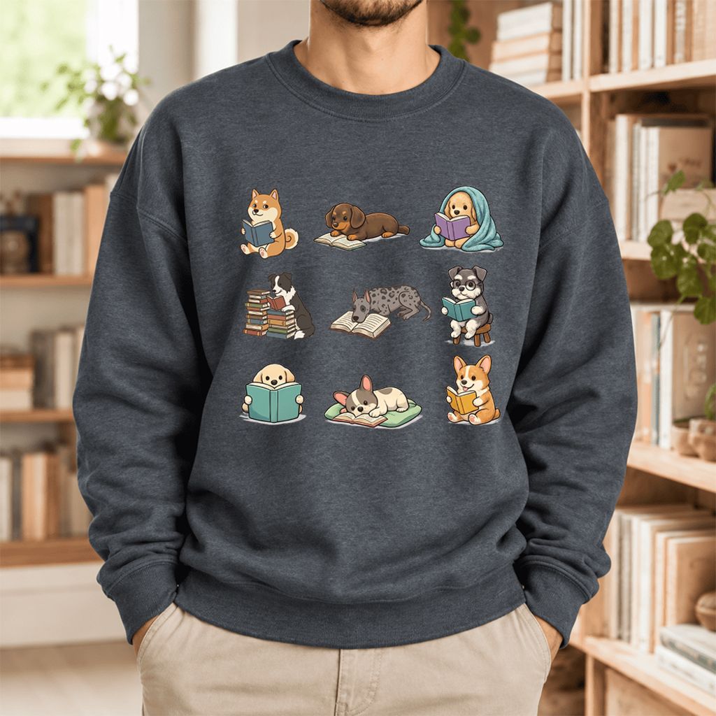Funny Reading Dogs Embroidered Sweatshirt | Dog Mom Reader Gift Dark Heather
