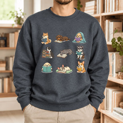 Funny Reading Dogs Embroidered Sweatshirt | Dog Mom Reader Gift Dark Heather