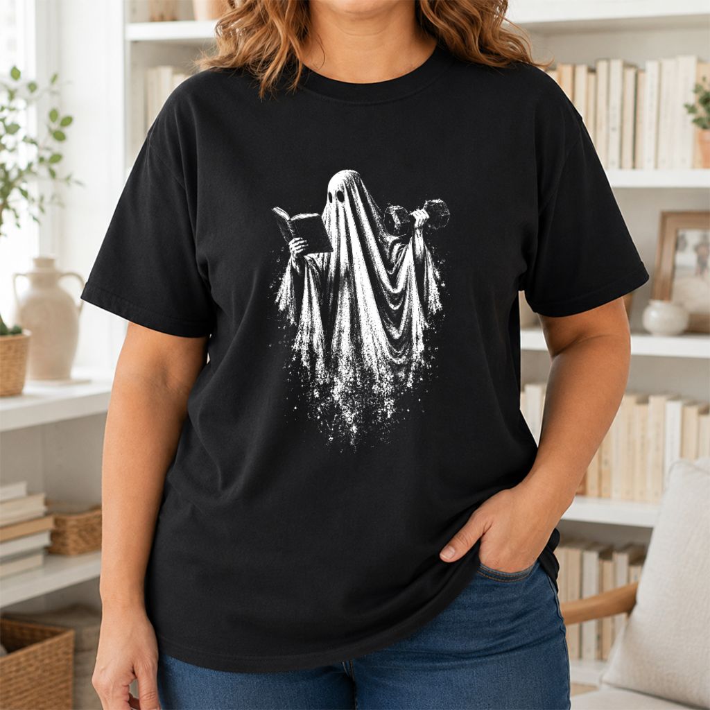 Reading Gym Ghost Printed T-Shirt | Halloween Book Lover Gift Black