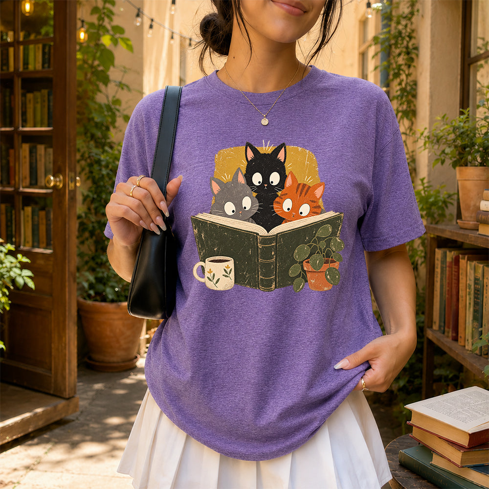 Minimal Japanese Cats Reading Softstyle T-Shirt | Book Lover Gift Heather Purple