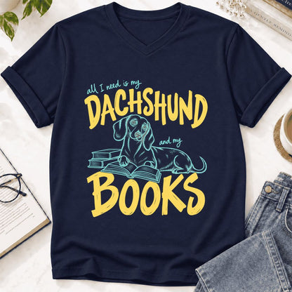 All I Need Is My Dachshund And My Books Ultra-Soft V-Neck | Dog Mom Reader Gift Navy