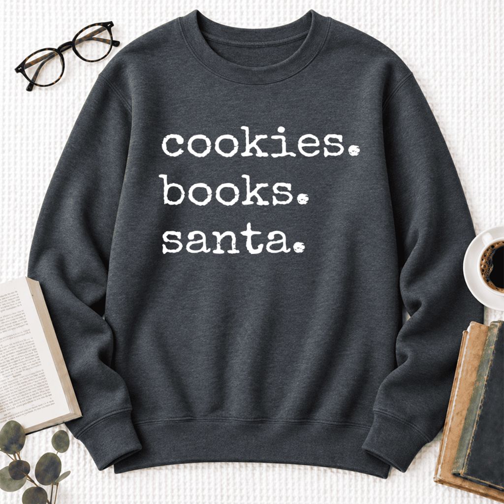Cookies Books Santa Softstyle Sweatshirt | Christmas Book Lover Gift Dark Heather