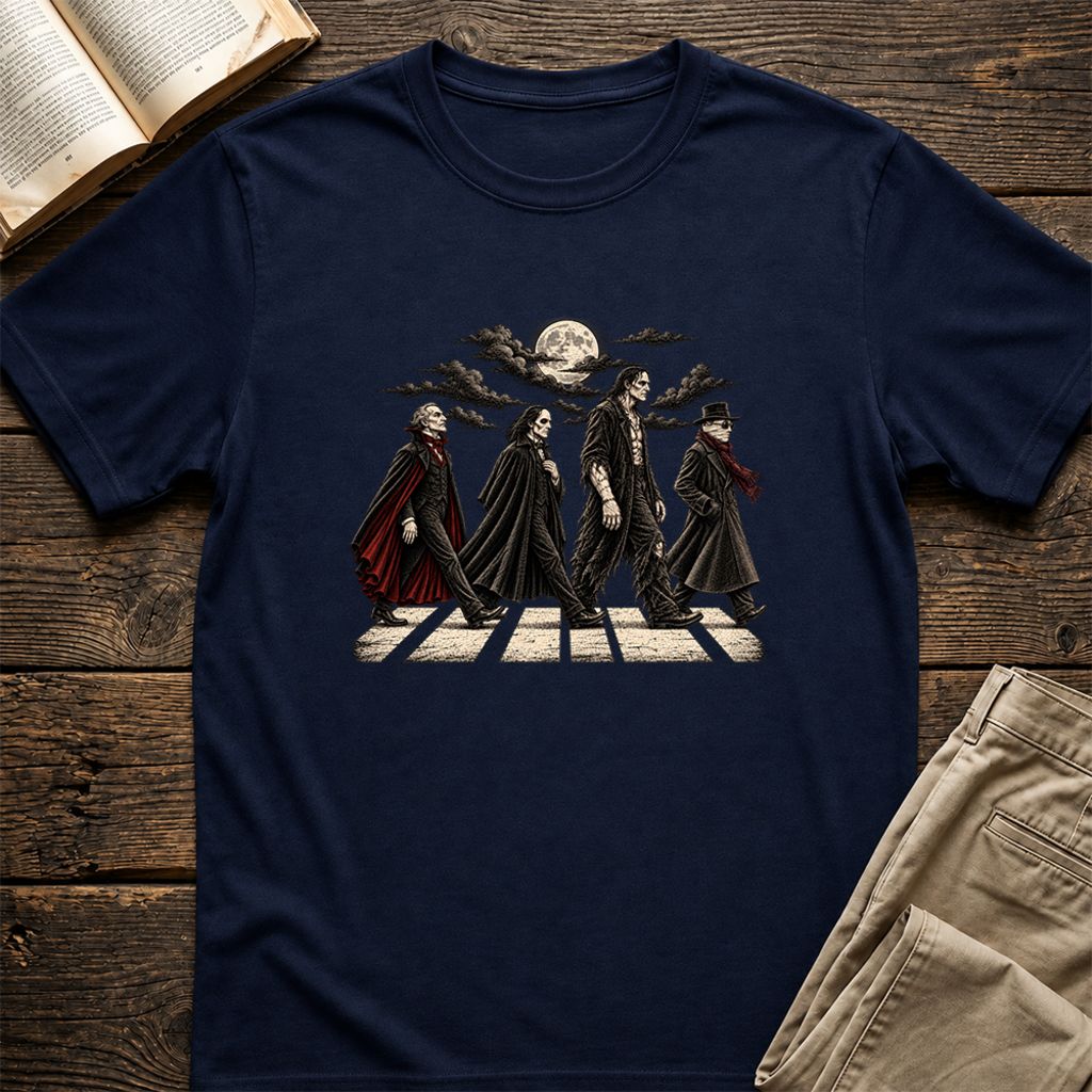 Monsters Road Printed T-Shirt | Halloween Book Lover Gift Navy