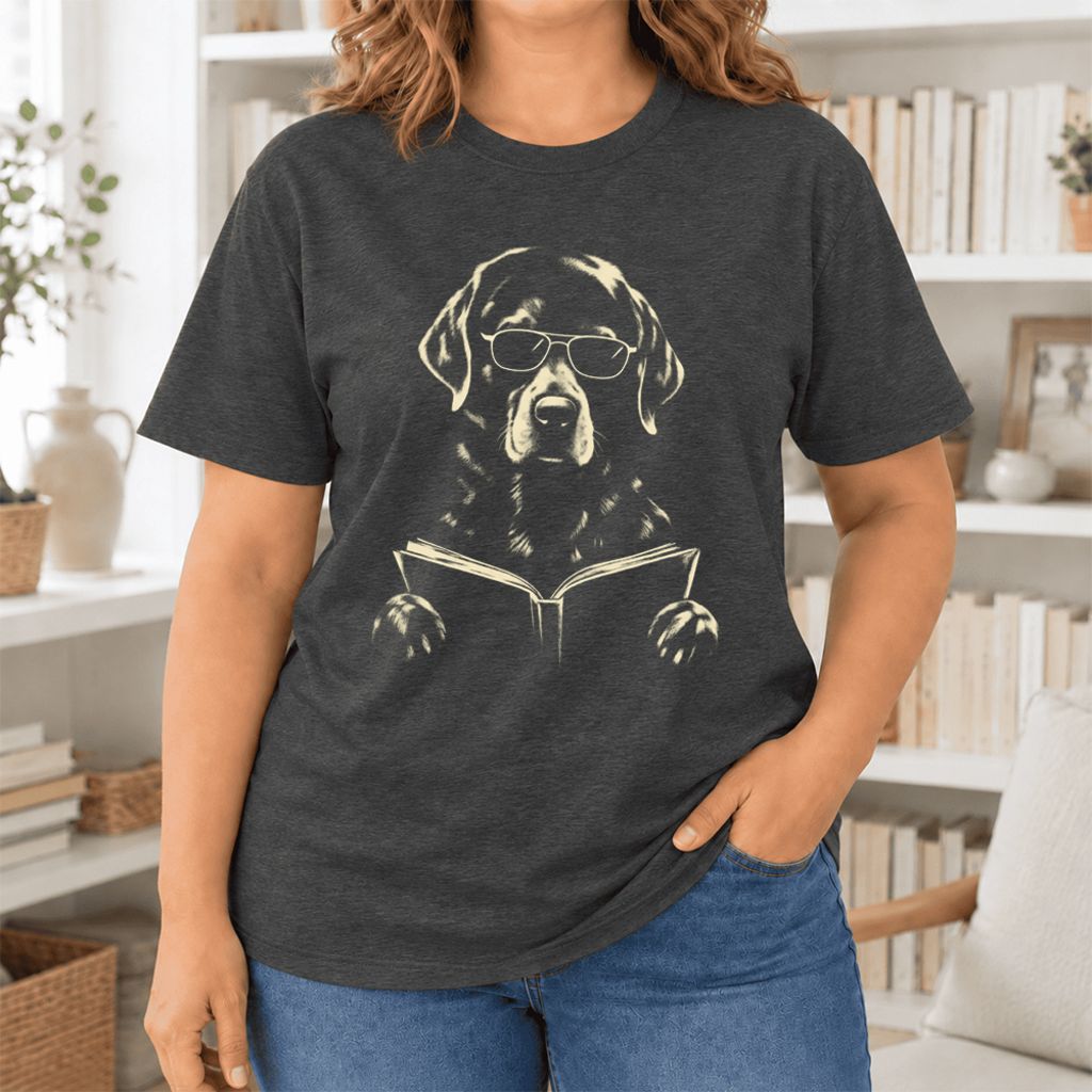 Labrador Retriever Reading Book Ultra-Soft Cotton T-Shirt | Dog Mom Reader Gift Dark Grey Heather