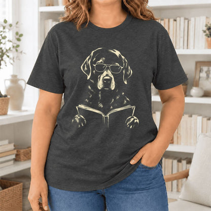 Labrador Retriever Reading Book Ultra-Soft Cotton T-Shirt | Dog Mom Reader Gift Dark Grey Heather