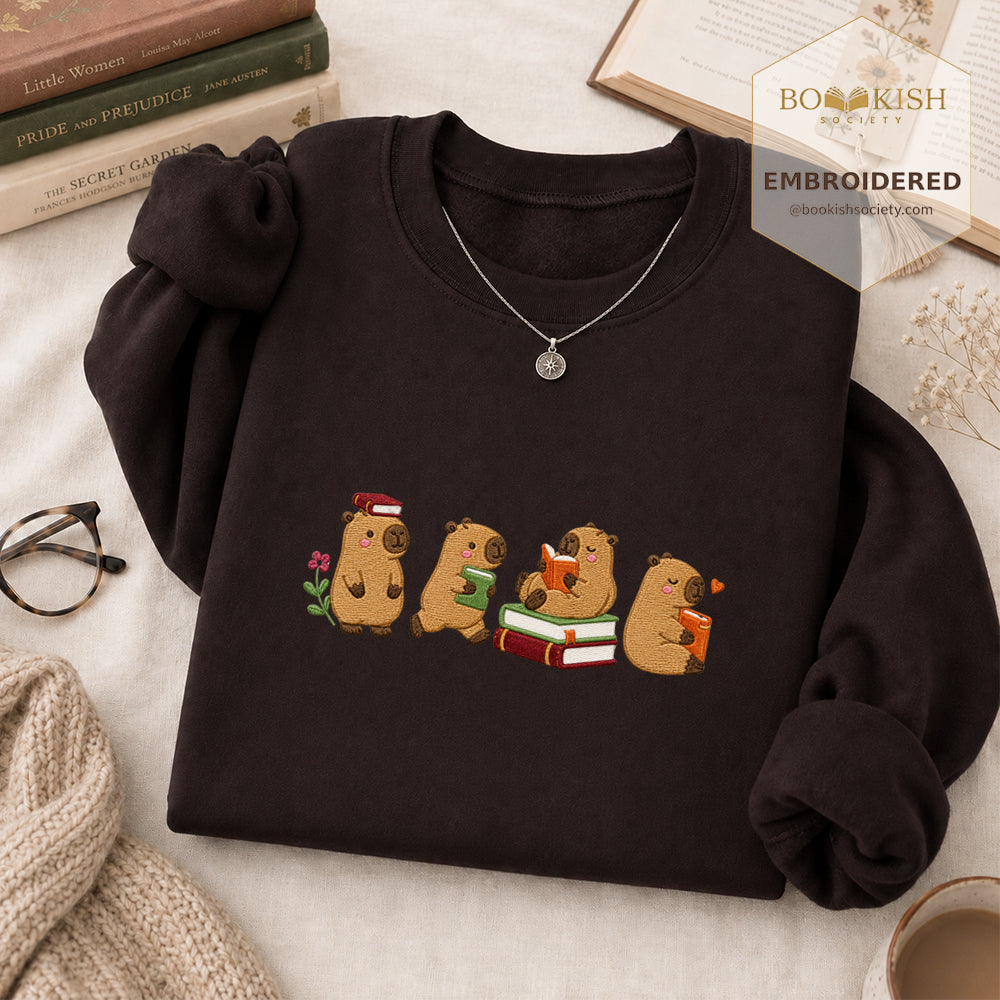 Reading Capybaras Embroidered Sweatshirt | Reader Gift Dark Chocolate