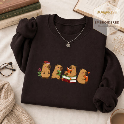 Reading Capybaras Embroidered Sweatshirt | Reader Gift Dark Chocolate