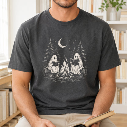 Camping Reading Ghosts Printed T-Shirt | Spooky Book Lover Gift Dark Heather
