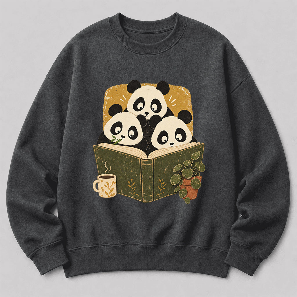 Curious Pandas Reading Crewneck Sweatshirt | Panda Lover & Reader Gift Dark Heather