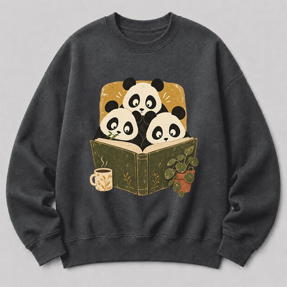 Curious Pandas Reading Crewneck Sweatshirt | Panda Lover & Reader Gift Dark Heather