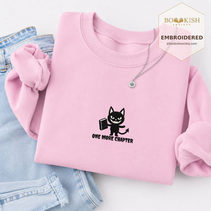 One More Chapter Devil Cat Embroidered Sweatshirt | Halloween Book Lover Gift Light Pink