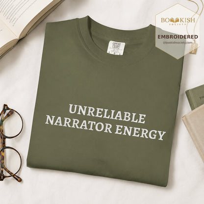 Embroidered Unreliable Narrator Energy Comfort Color® T-shirt Book Lover Gift Hemp