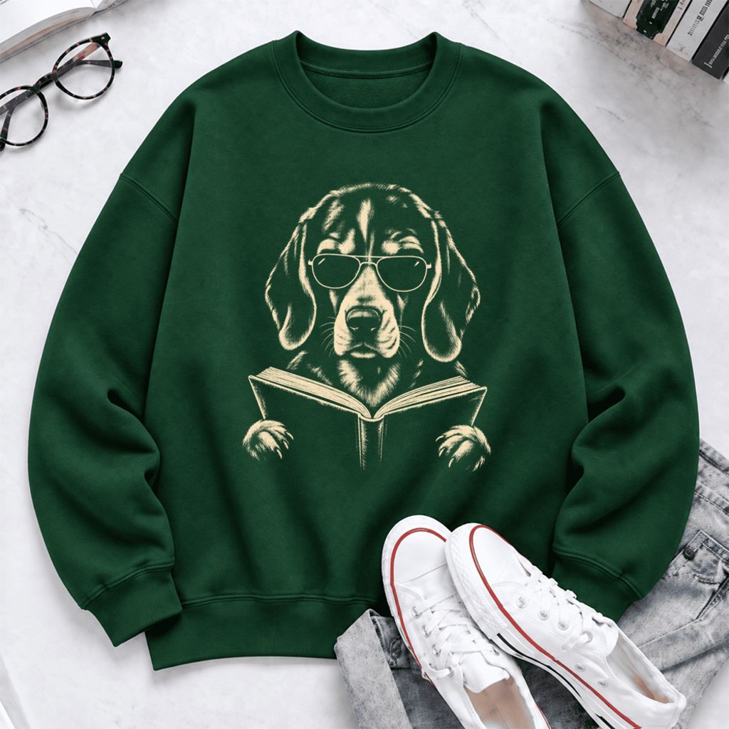 Beagle Reading Book Softstyle Sweatshirt | Dog Mom Reader Gift Forest Green