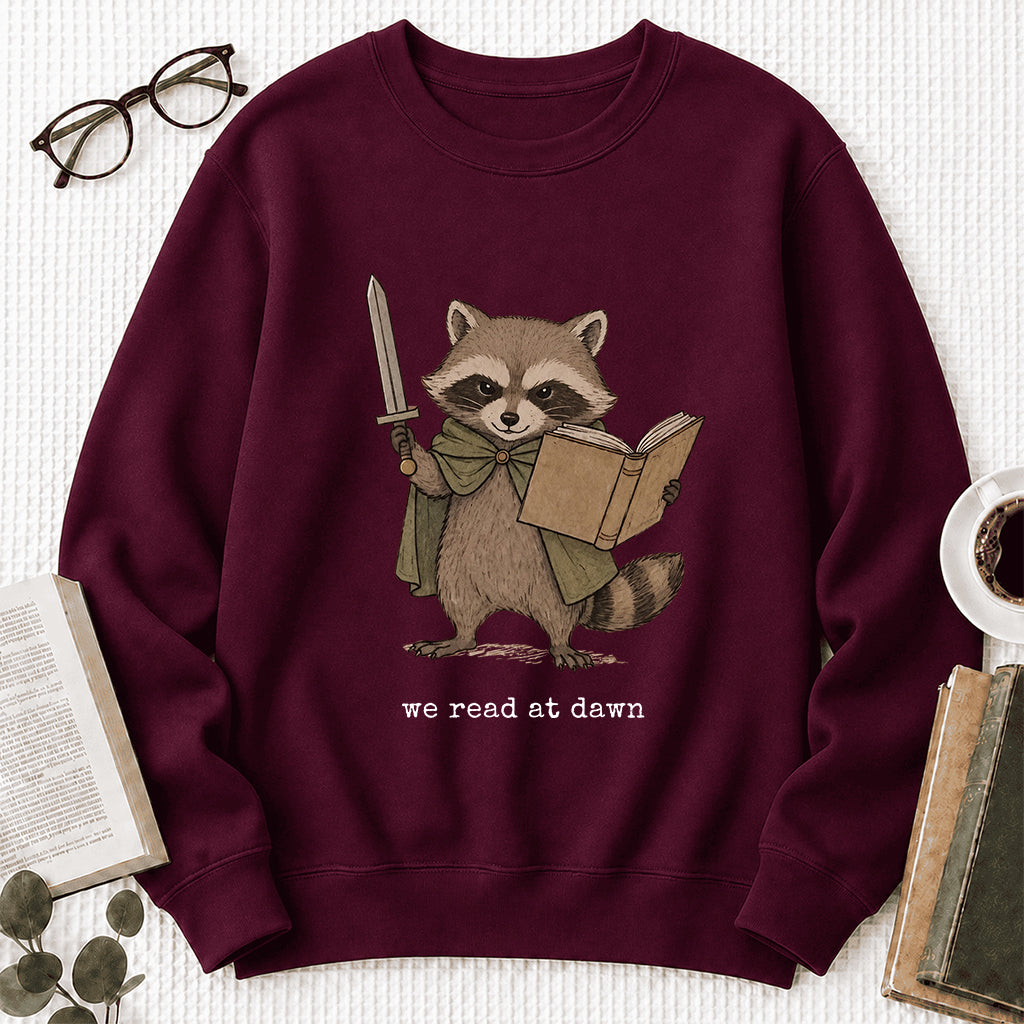 Raccoon We Read At Dawn Crewneck Sweatshirt | Reader Gift Maroon