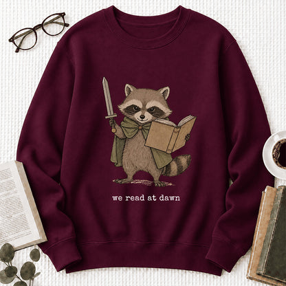 Raccoon We Read At Dawn Crewneck Sweatshirt | Reader Gift Maroon
