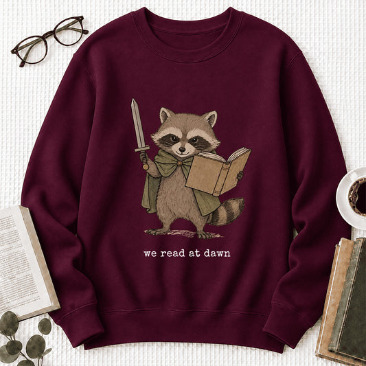 Raccoon We Read At Dawn Crewneck Sweatshirt | Reader Gift Maroon