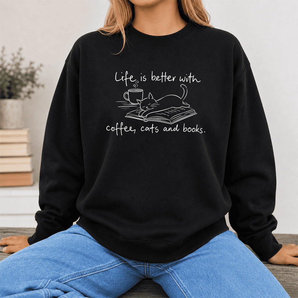 Funny Cats and Books Crewneck Sweatshirt | Reader Gift Black