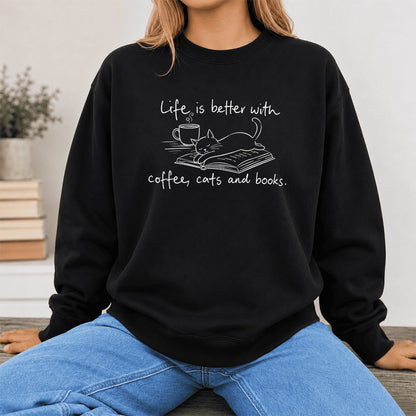 Funny Cats and Books Crewneck Sweatshirt | Reader Gift Black