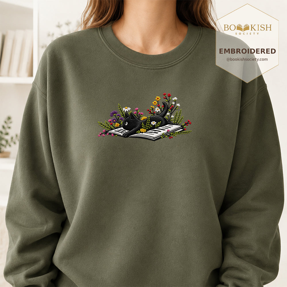 Cat and Book Embroidered Sweatshirt | Reader Gift Military Green