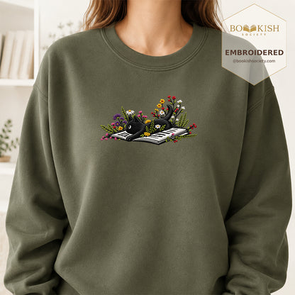 Cat and Book Embroidered Sweatshirt | Reader Gift Military Green