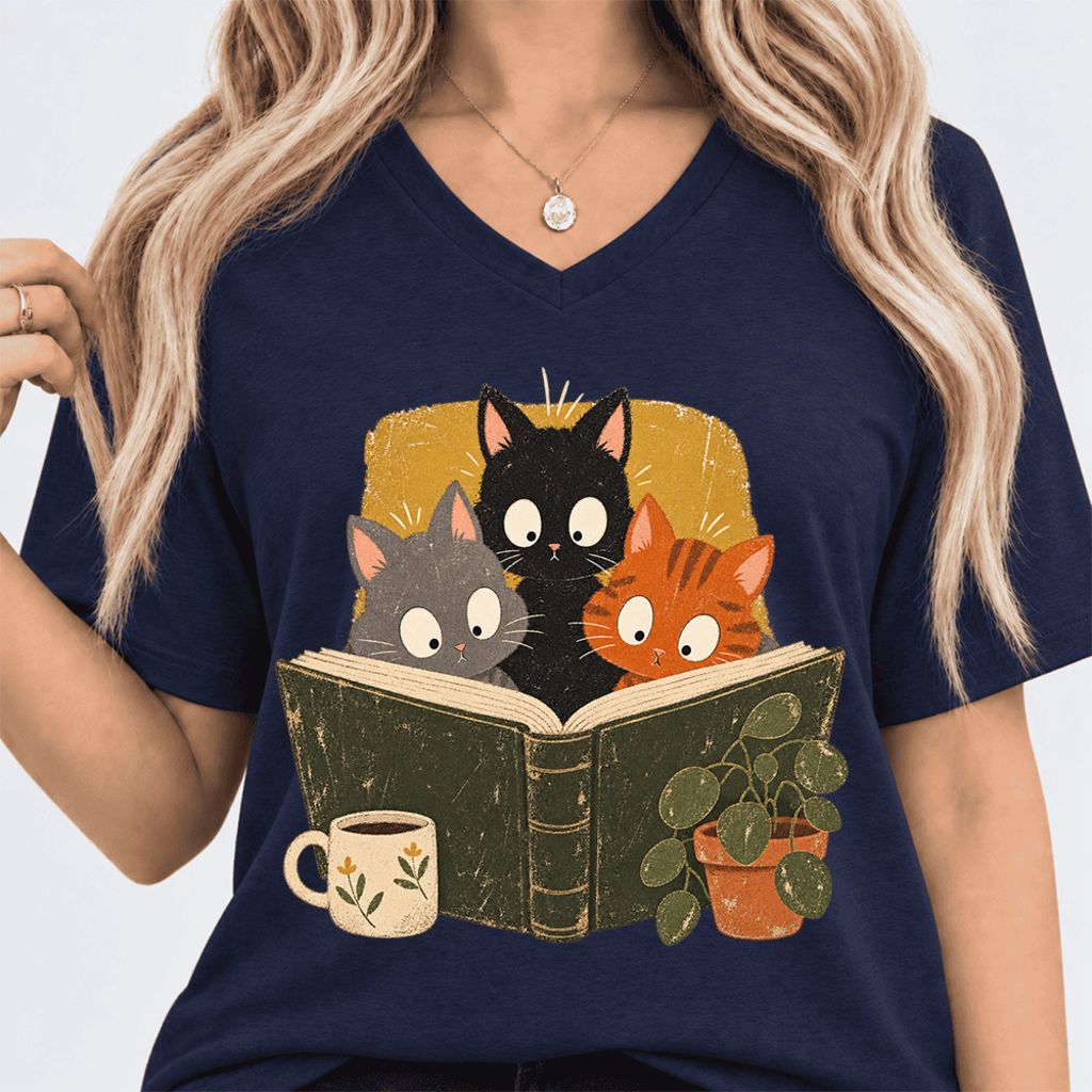 Curious Reading Cats Ultra-Soft V-Neck | Cat Lover Reader Gift Navy