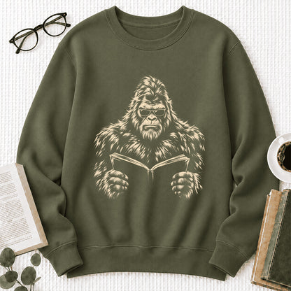 Big Foot Reading Book Crewneck Sweatshirt | Reader Gift Military Green
