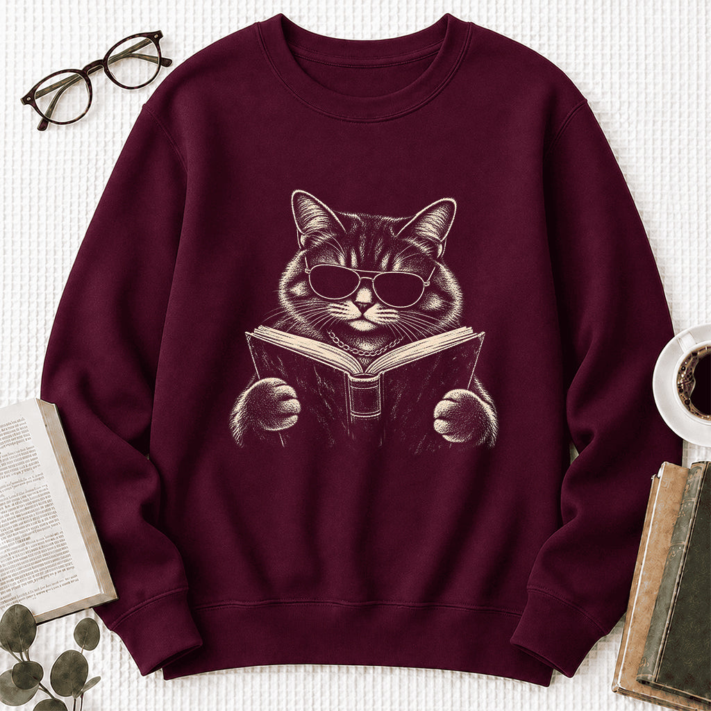 Cat Reading Book Crewneck Sweatshirt | Reader Gift Maroon