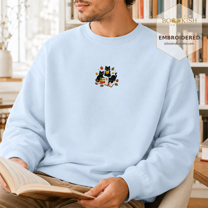 Cat Catching Leaves Embroidered Sweatshirt | Reader Gift Light Blue