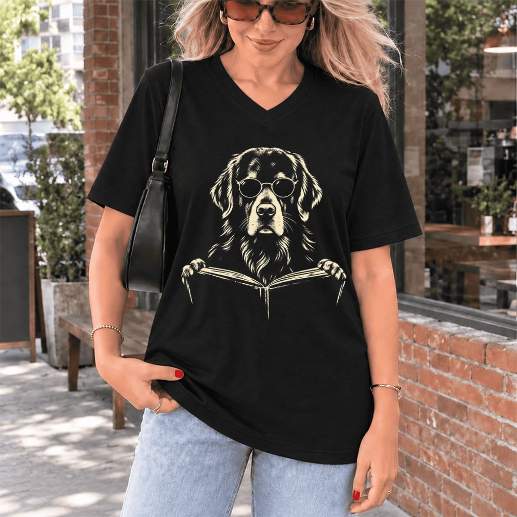 Golden Retriever Reading Book Ultra-Soft V-Neck | Dog Mom Reader Gift Black