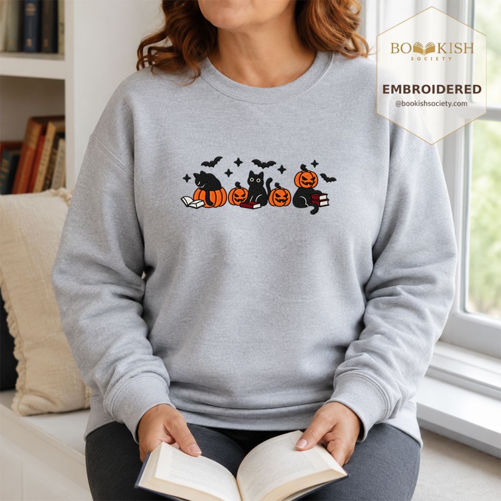 Black Cats And Halloween Embroidered Sweatshirt | Spooky Book Lover Gift Sport Grey