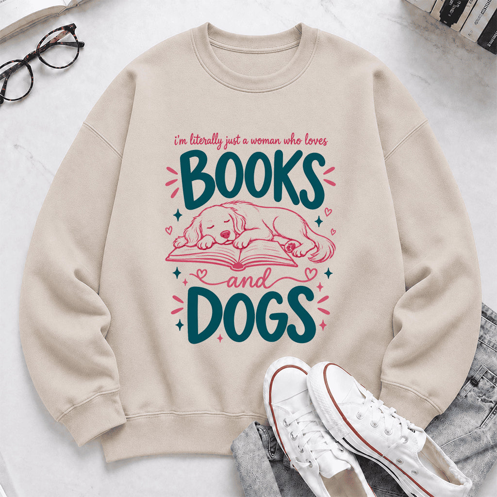 Just A Woman Who Loves Books and Dogs Crewneck Sweatshirt |  Dog Lover & Reader Gift Sand