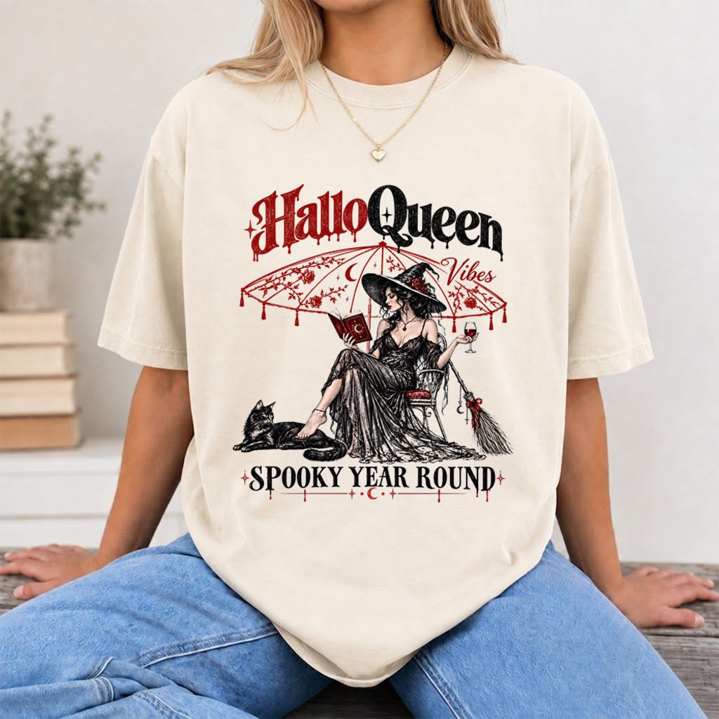 Halloqueen Spooky Year Round Printed T-Shirt | Halloween Book Lover Gift Natural