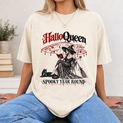 Halloqueen Spooky Year Round Printed T-Shirt | Halloween Book Lover Gift Natural
