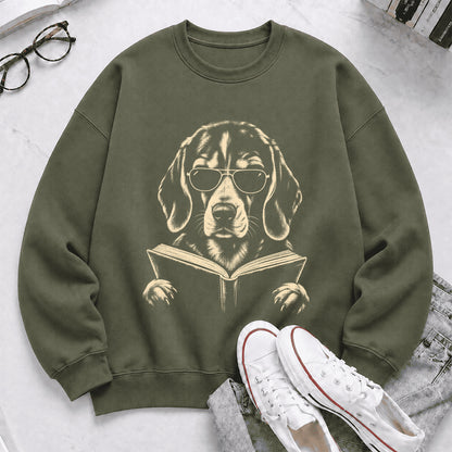 Beagle Reading Book Crewneck Sweatshirt | Reader Gift Military Green