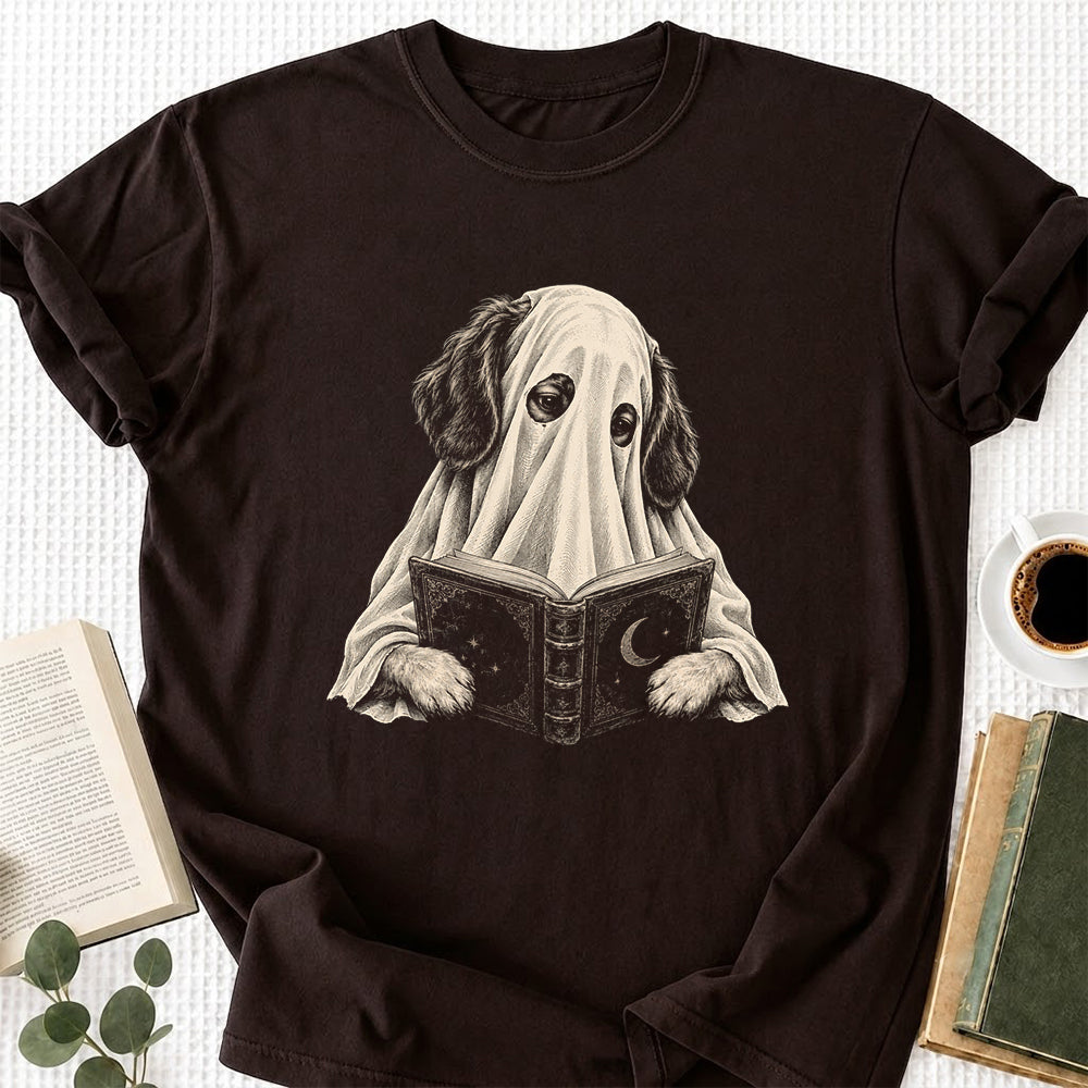 Reading Ghost Dog Printed T-Shirt | Halloween Dog Lover Gift Dark Chocolate