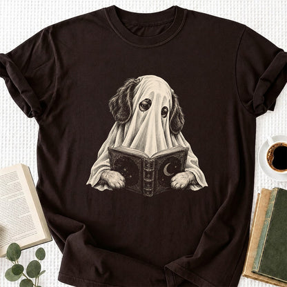Reading Ghost Dog Printed T-Shirt | Halloween Dog Lover Gift Dark Chocolate
